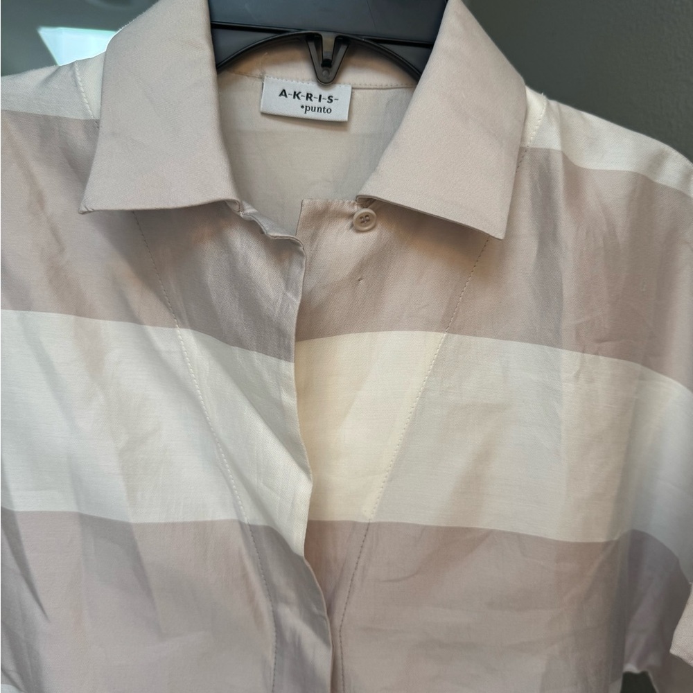Akris Punto tan and White Striped Button Down Shirt